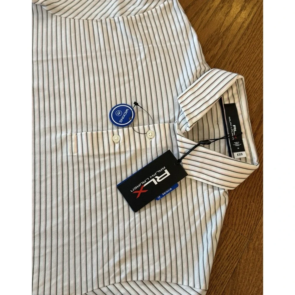 NWT RLX Ralph Lauren Performance Golf Polo Pink Sand Striped Size M Wicking